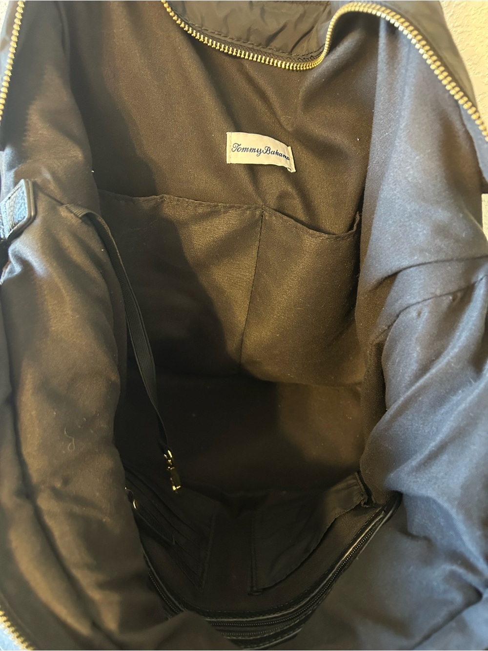 Black Quilted Nylon Tote Bag with Striped Strap - Picture 9 of 11